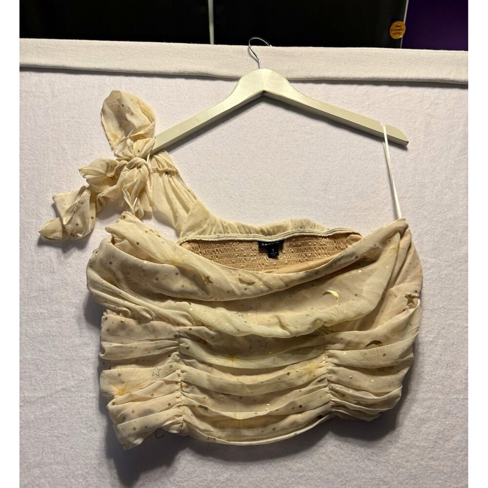 Torrid Women’s Ivory/Gold Star Moon Chiffon One Shoulder Smocked Crop Top XL